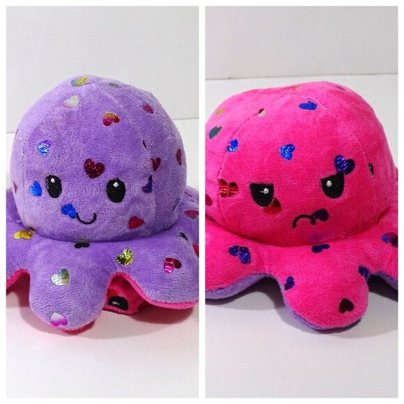 Reversible Metallic Heart Plush Octopus Toy Happy and Angry Pink and Purple - Picture 1 of 6